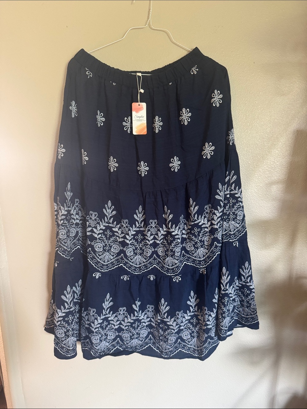 Amazon Navy Maxi Skirt with White Floral Embroidery